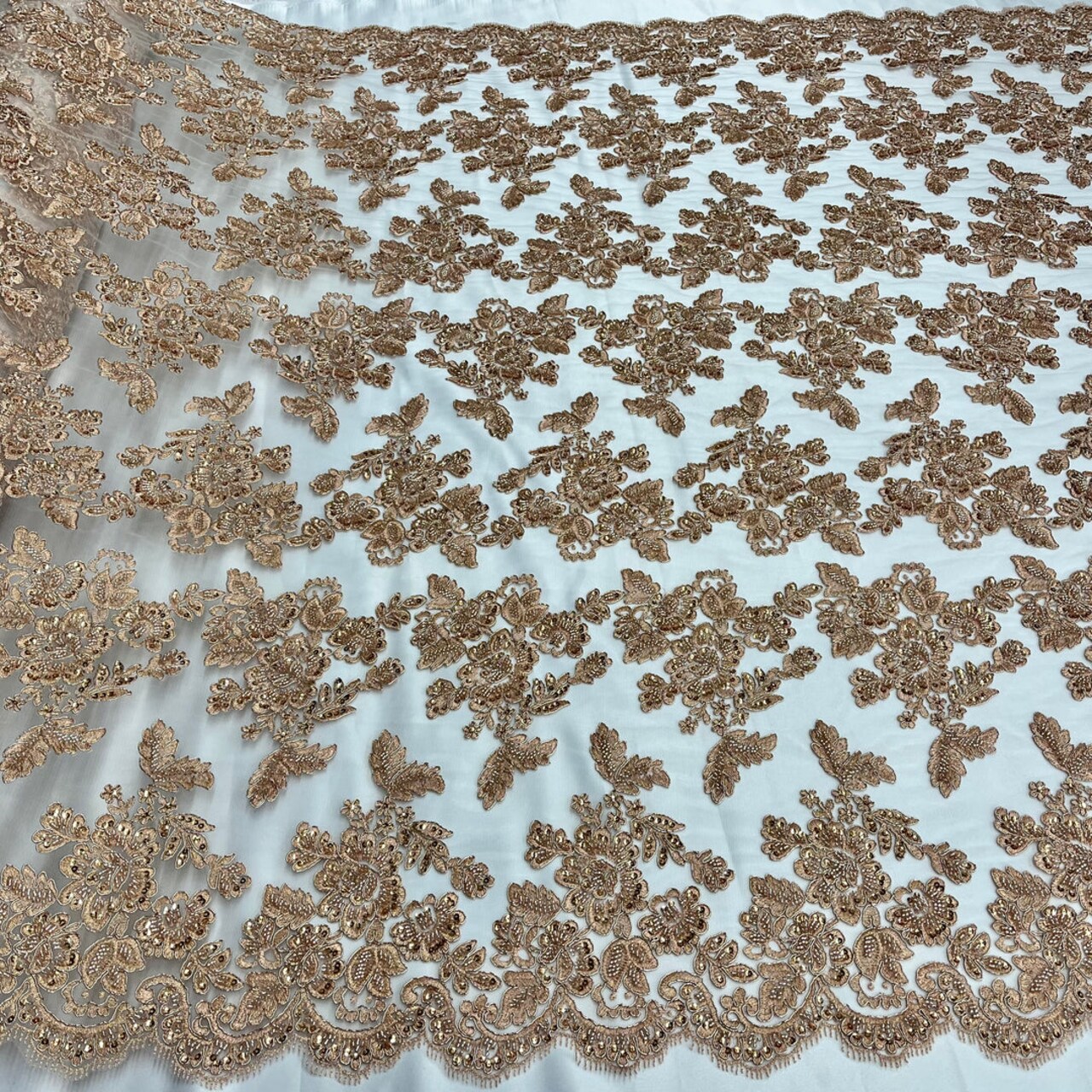 1 Yard Beaded & Corded Embroidered Bridal Lace Fabric, 100% Polyester Net Mesh, 52"-54" Wide